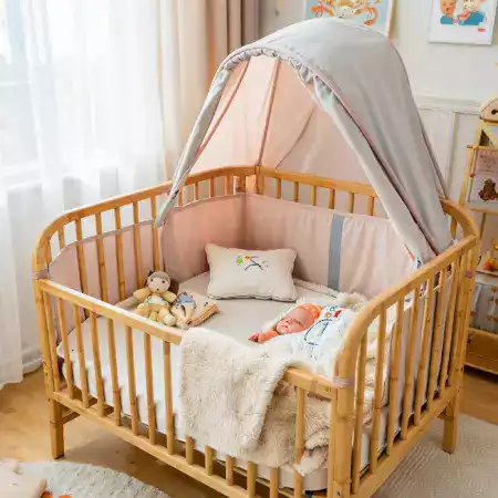 Baby Safe Bamboo Crib with Adjustable Mattress Height and Natural Finish for Ages 0-3 Years