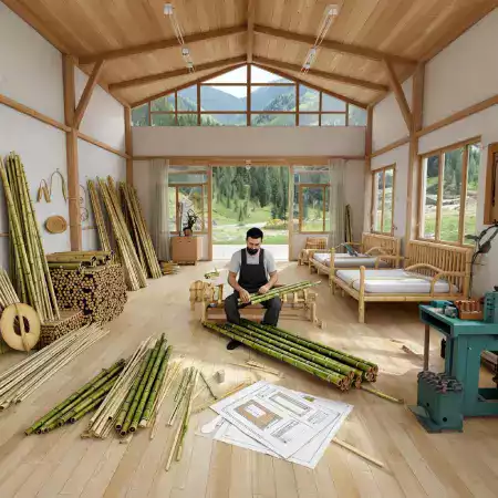 Master Craftsman Rajesh Menon with 30 Years Experience Measuring Bamboo for Custom Bed Construction in Wayanad