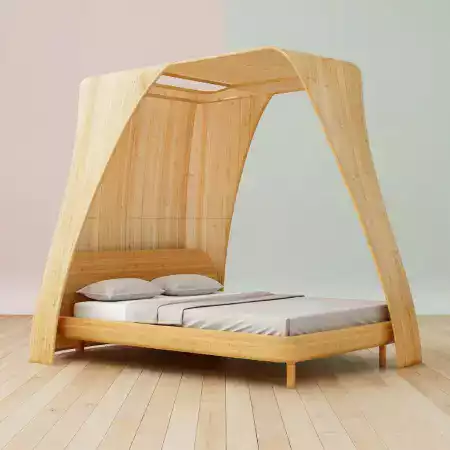 Custom Designed Bamboo Queen Bed with Traditional Kerala Motifs in Boutique Hotel Room