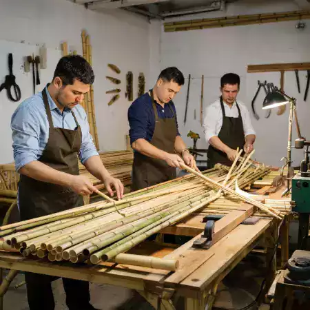 Skilled Artisans at Individual Workstations Using Traditional Hand Tools for Precise Bamboo Bed Construction
