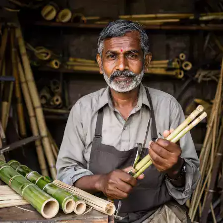 Master Craftsman Rajesh Menon with Thirty Years Experience Teaching Traditional Bamboo Joinery Techniques to Apprentices